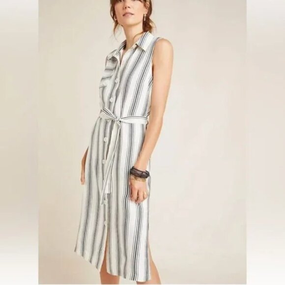 Maeve by Anthropologie Esther Ivory and White Stripe Belted Midi Shirt Dress - Picture 2 of 15